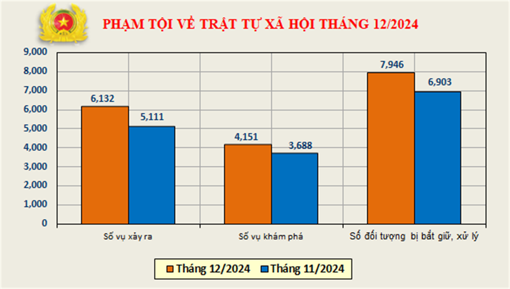 Biểu đồ phạm tội về trật tự xã hội tháng 12/2024.